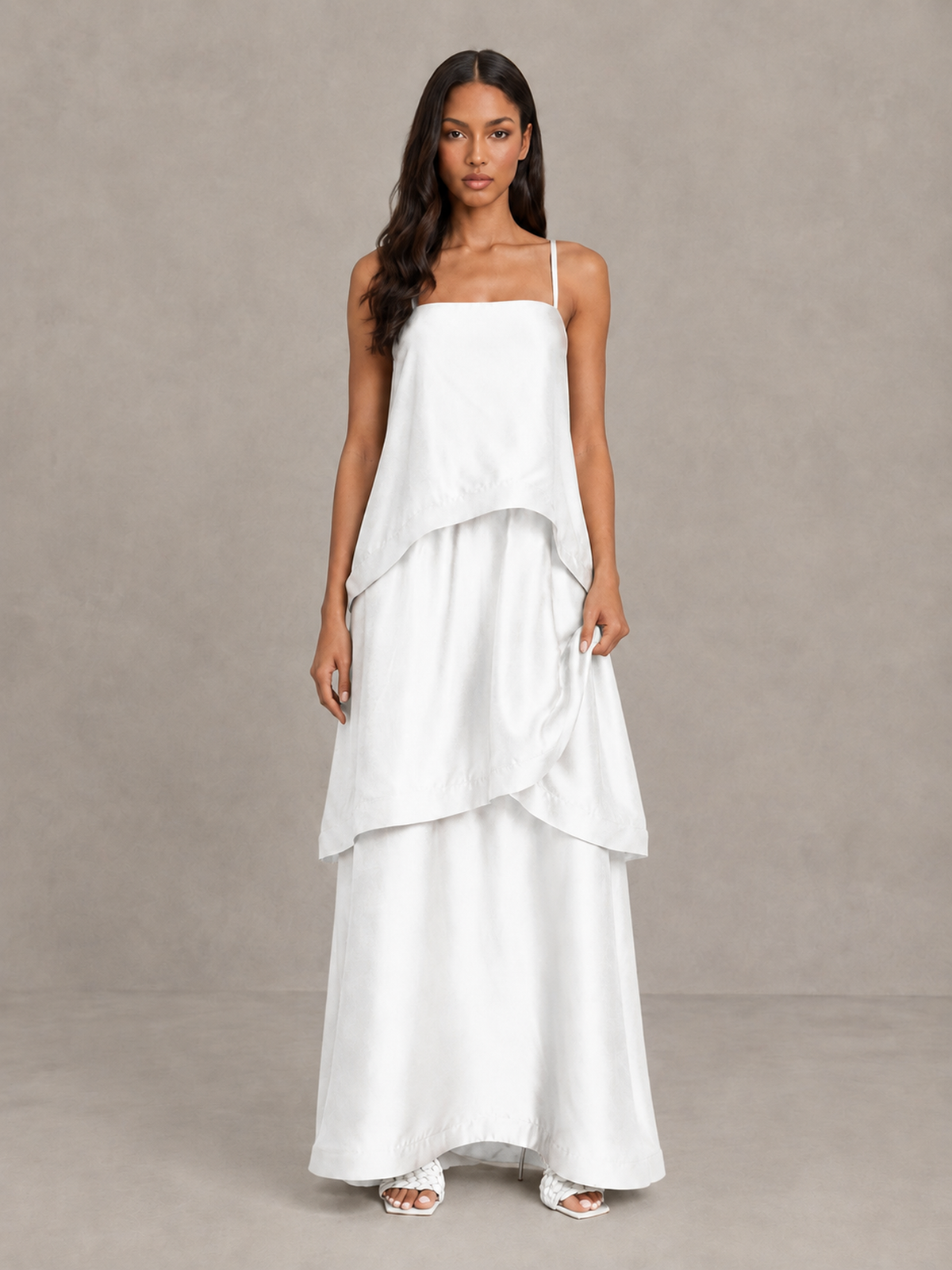 BOLODOO White Satin Tiered Maxi Dress with Spaghetti Straps - White