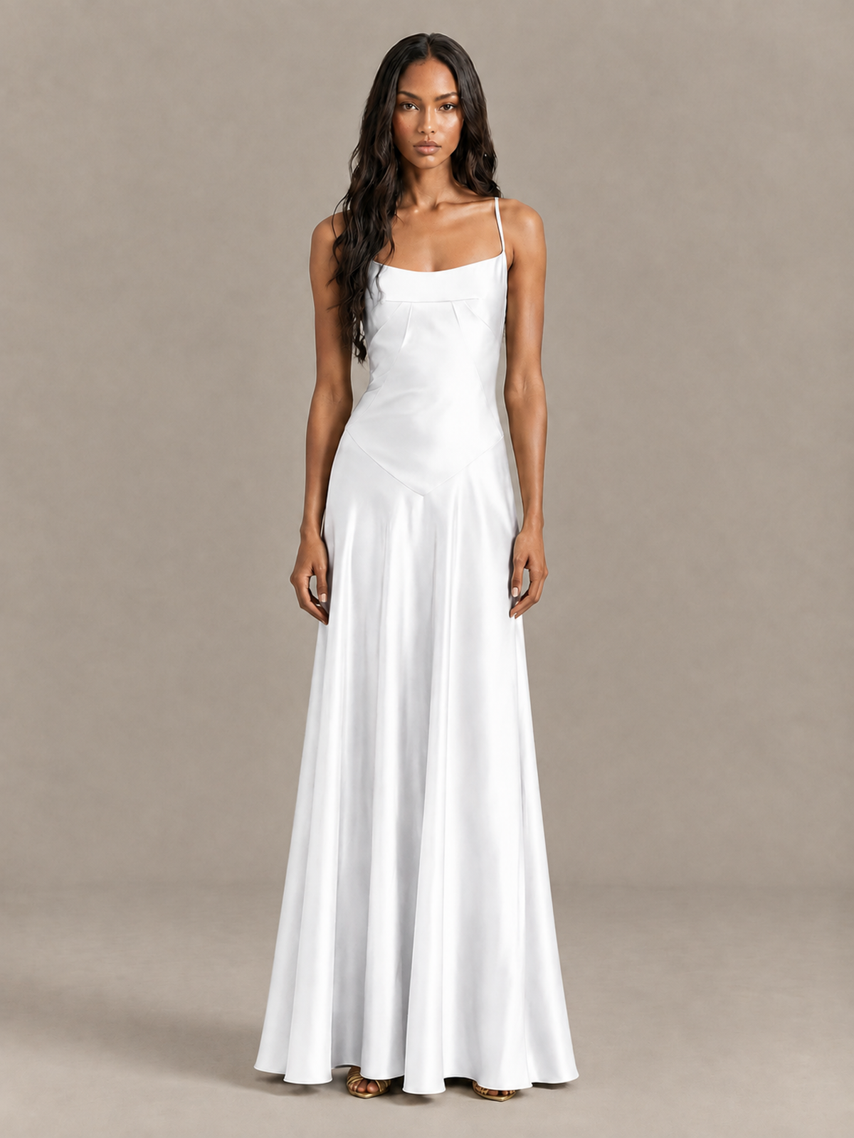 BOLODOO White Satin Lace-Up Back Maxi Dress - White