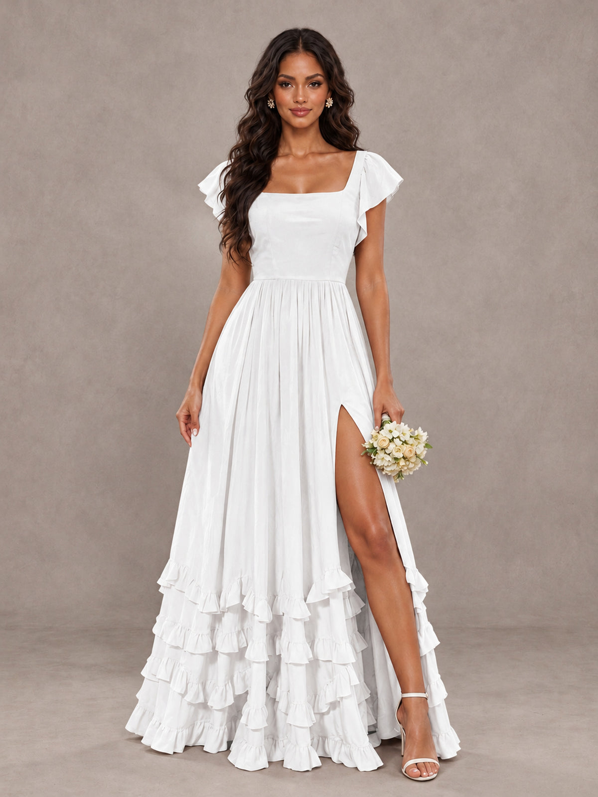 BOLODOO White Flutter Sleeve Ruffle Bridesmaid Dress with Slit - White - White (1)
