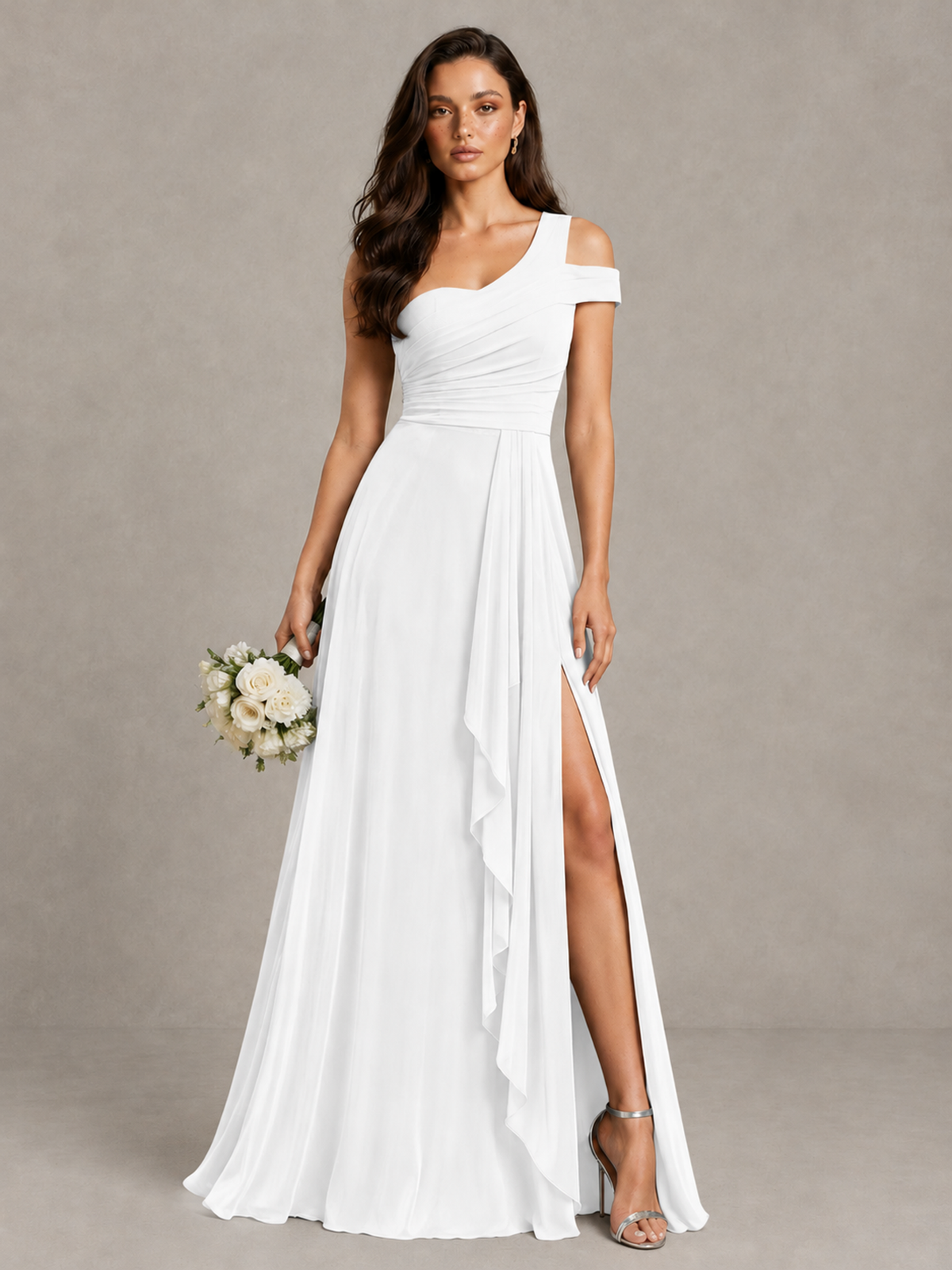 BOLODOO White One-Shoulder Bridesmaid Dress with Side Slit - White - White (1)