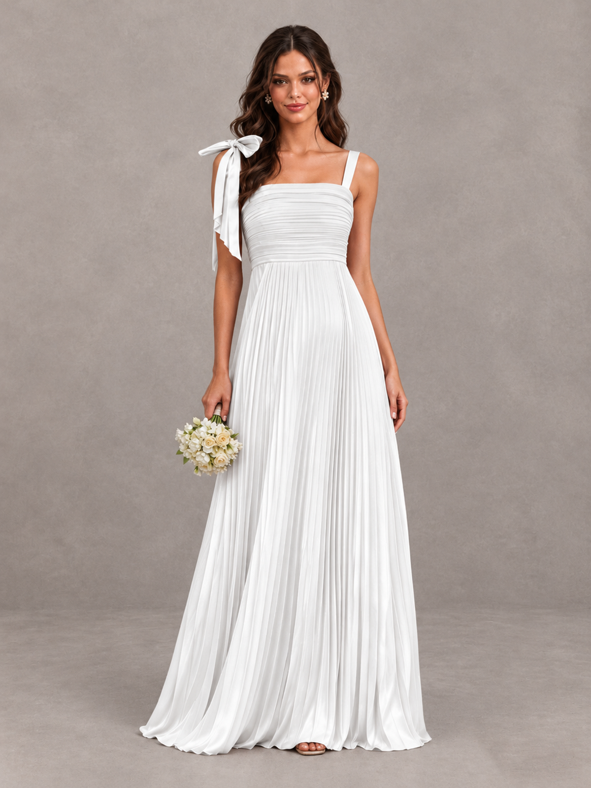 BOLODOO White Pleated Bow-Strap Bridesmaid Maxi Dress - White - White (1)
