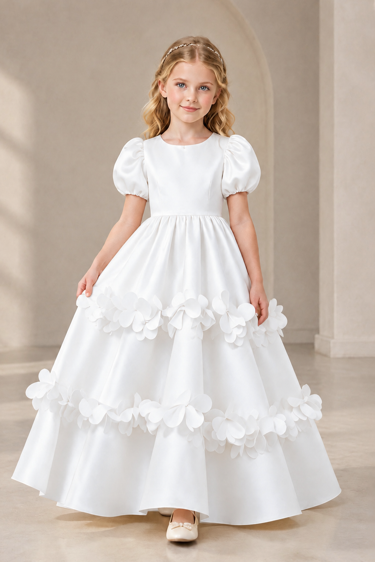 BOLODOO White Satin Flower Girl Dress with Floral Appliques - White