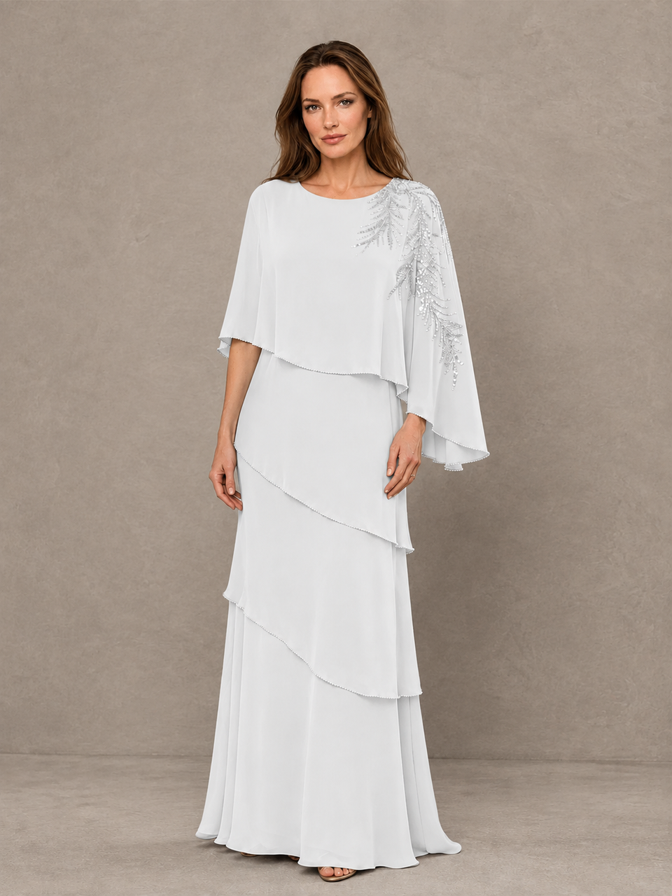 BOLODOO White Mocha Asymmetric Cape Sleeve White Sequin Embroidered Pearl Trim Tiered Chiffon Gown - White