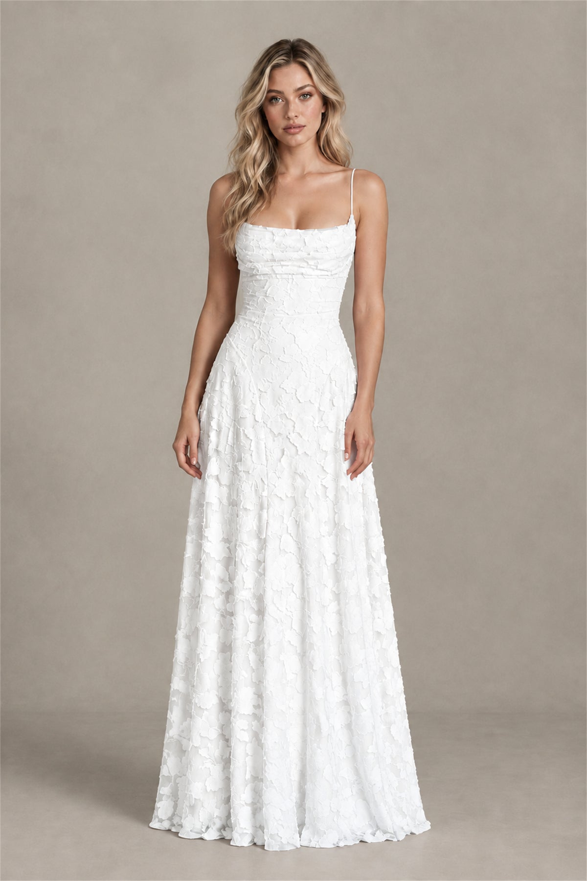 BOLODOO White Floral Appliqué Lace-Up Back Maxi Dress - White