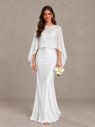 BOLODOO White Satin Mermaid Bridesmaid Dress with Chiffon Cape - White - White (1)