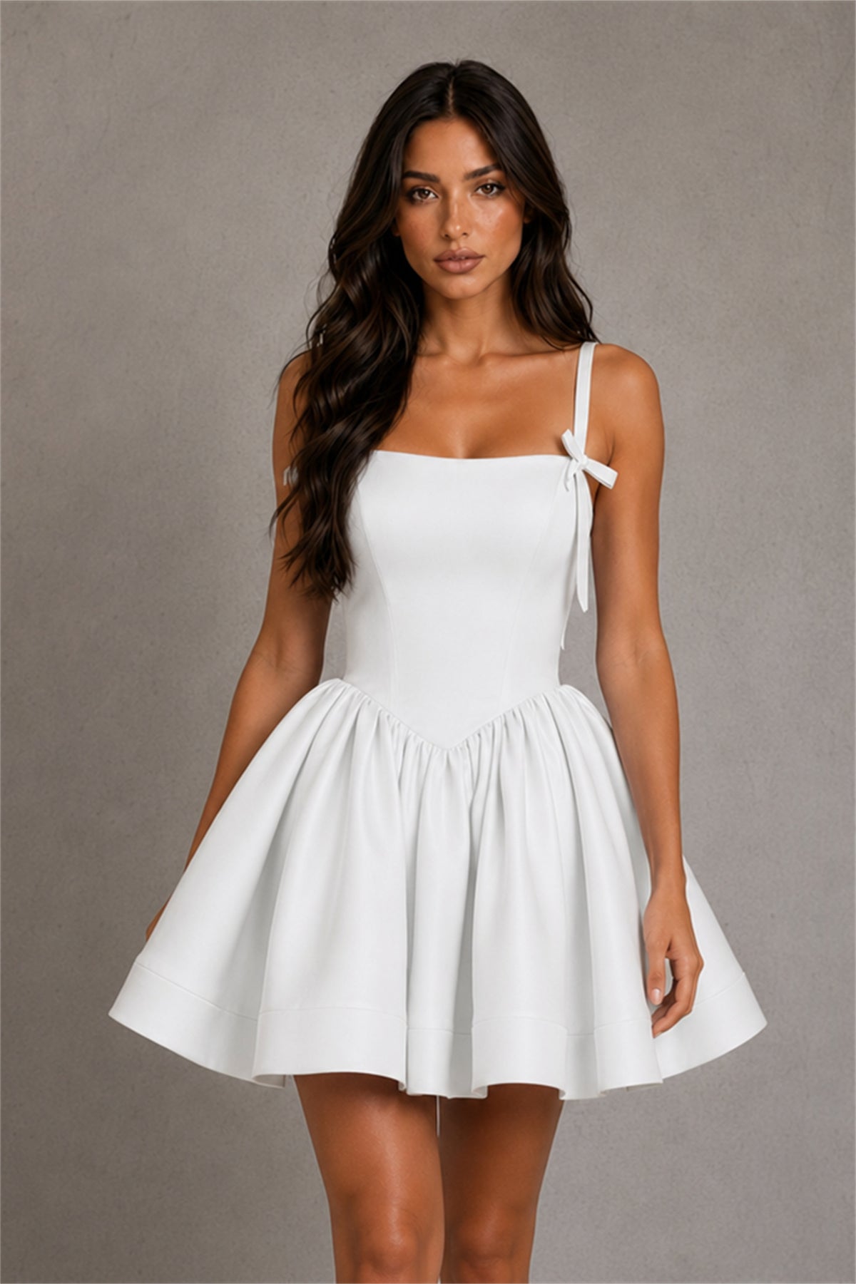 BOLODOO Baby White Satin Square Neck Bow Strap Lace-Up Back Bubble Mini Dress | Cocktail Party Date Night Dress - White