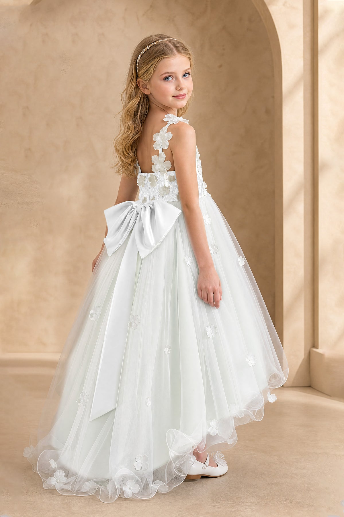 BOLODOO White Flower Girl Dress with Floral Appliqué and High-Low Tulle Skirt - White