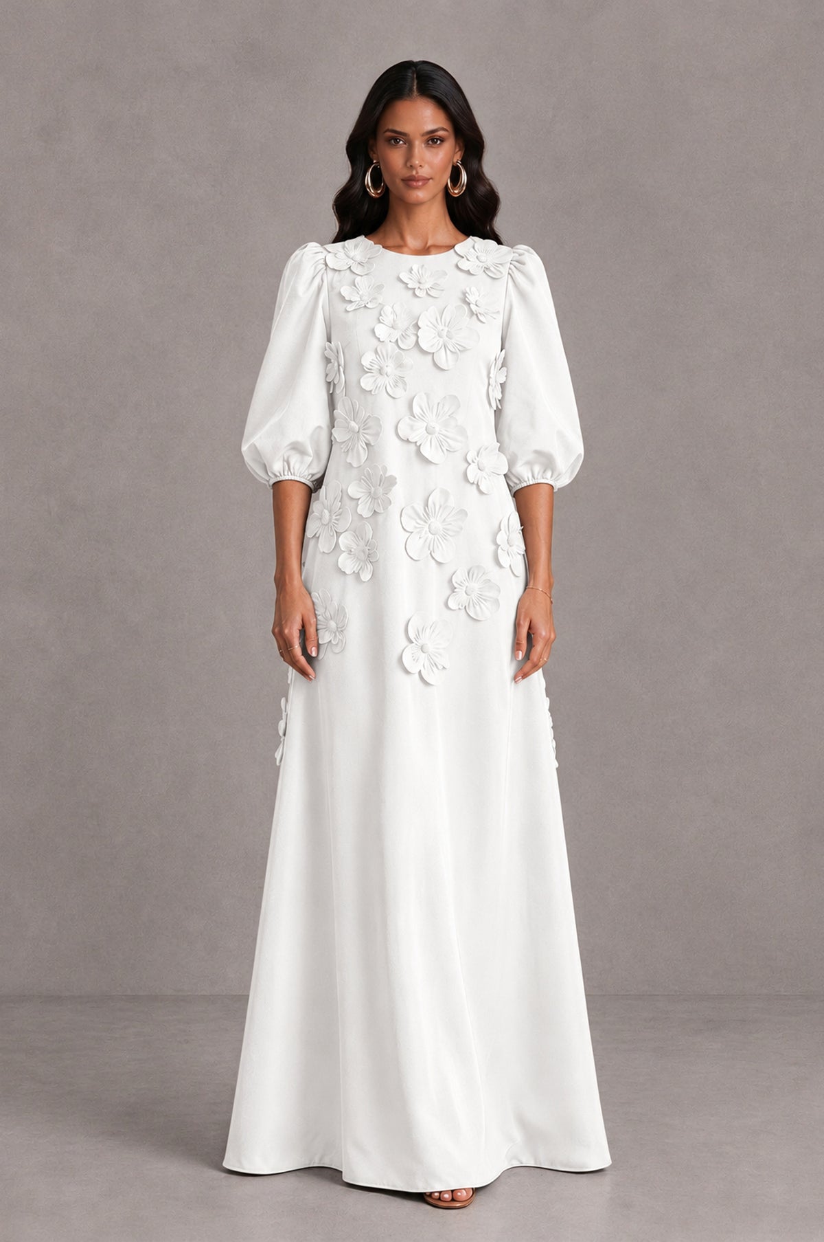 BOLODOO White Floral Applique Puff Sleeve A-Line Evening Dress - White - White (1)