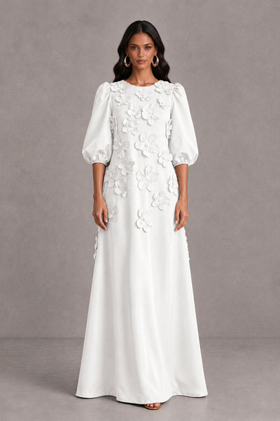 BOLODOO White Floral Applique Puff Sleeve A-Line Evening Dress - White - White (1)