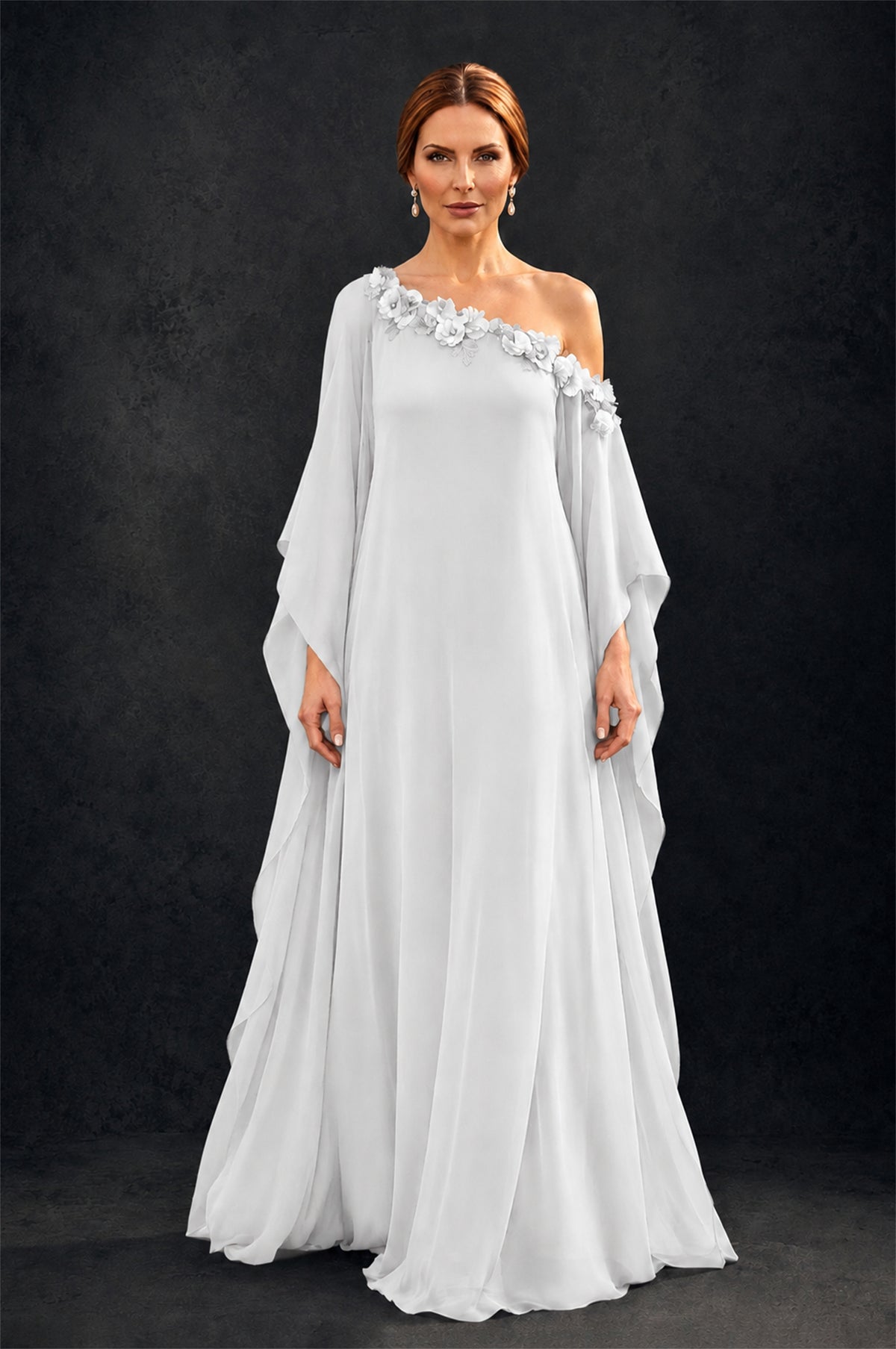 BOLODOO White 2-Piece Set: Off-Shoulder 3D Floral Cape Gown & One-Shoulder Wide-Leg Jumpsuit | BD0373 - White