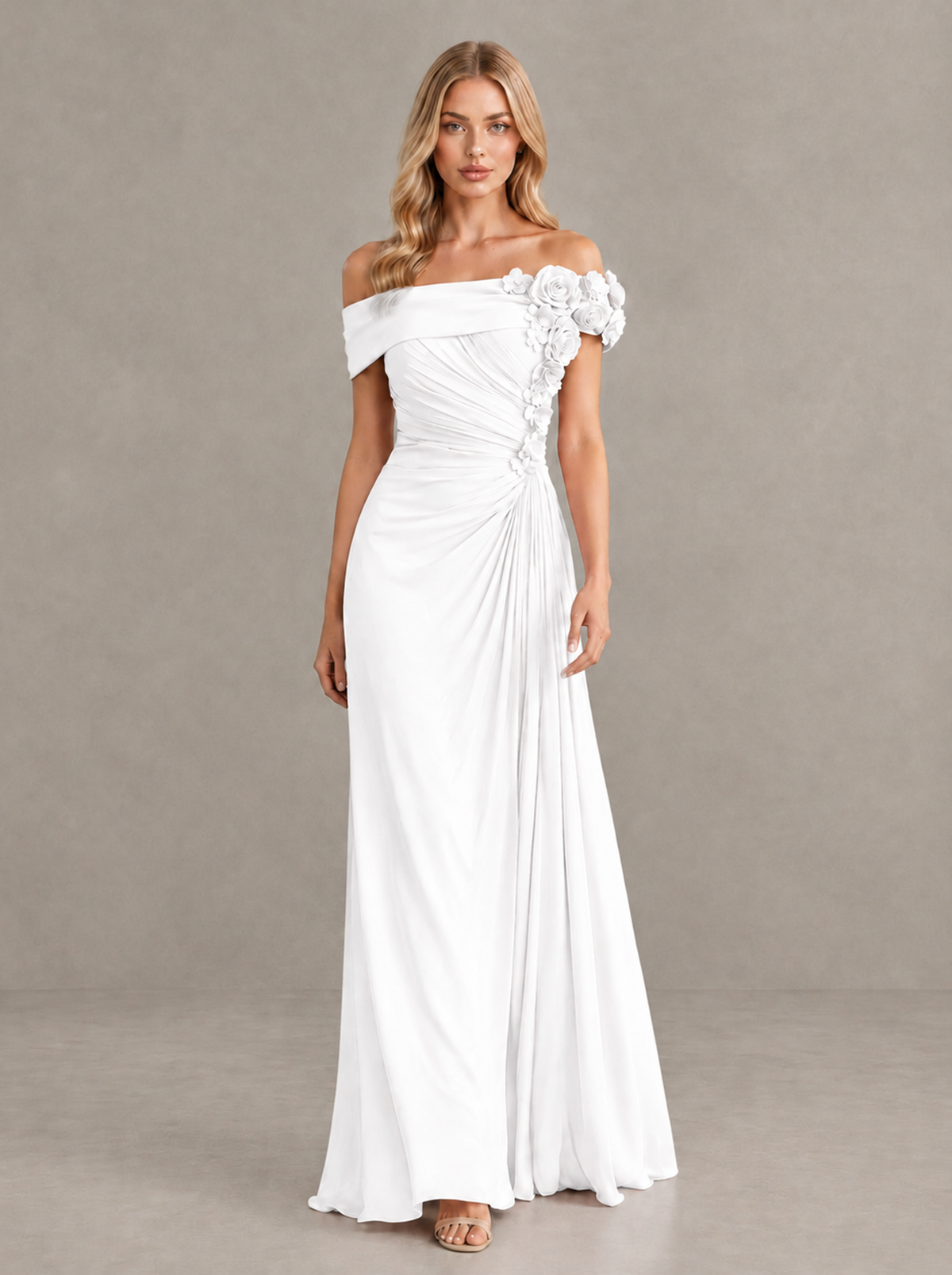 BOLODOO White Off-Shoulder Floral Applique Wedding Guest Maxi Dress - White - White (1)
