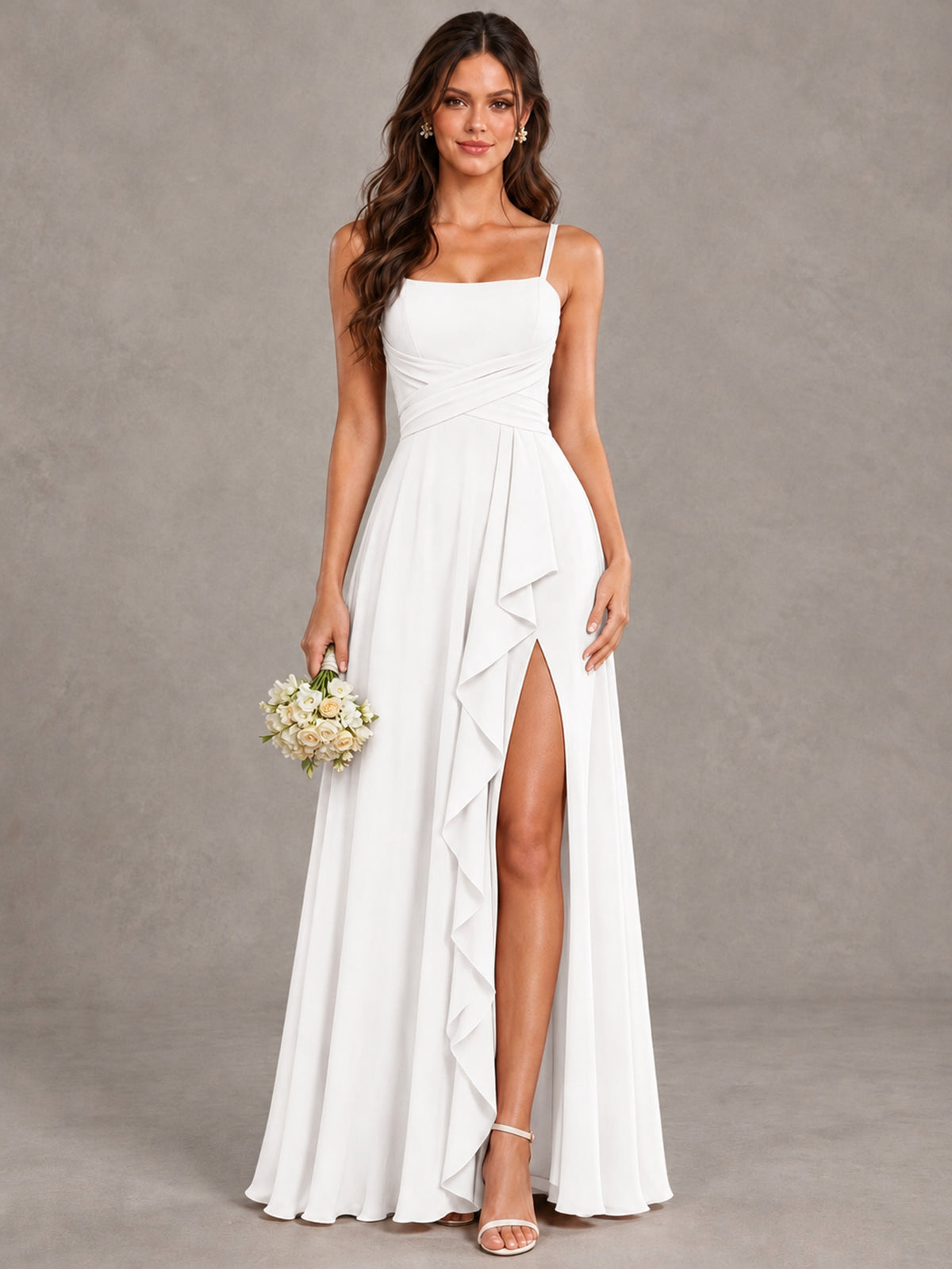 BOLODOO White Spaghetti Strap Ruffle Bridesmaid Dress with Slit - White - White (1)