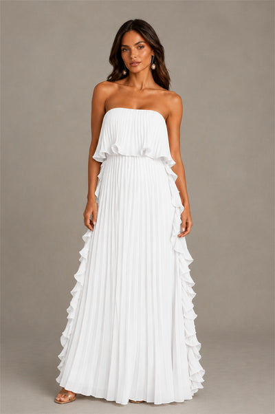BOLODOO White Strapless Ruffle Bodice Dual Cascading Ruffle Accordion Pleated Chiffon Maxi Dress - White