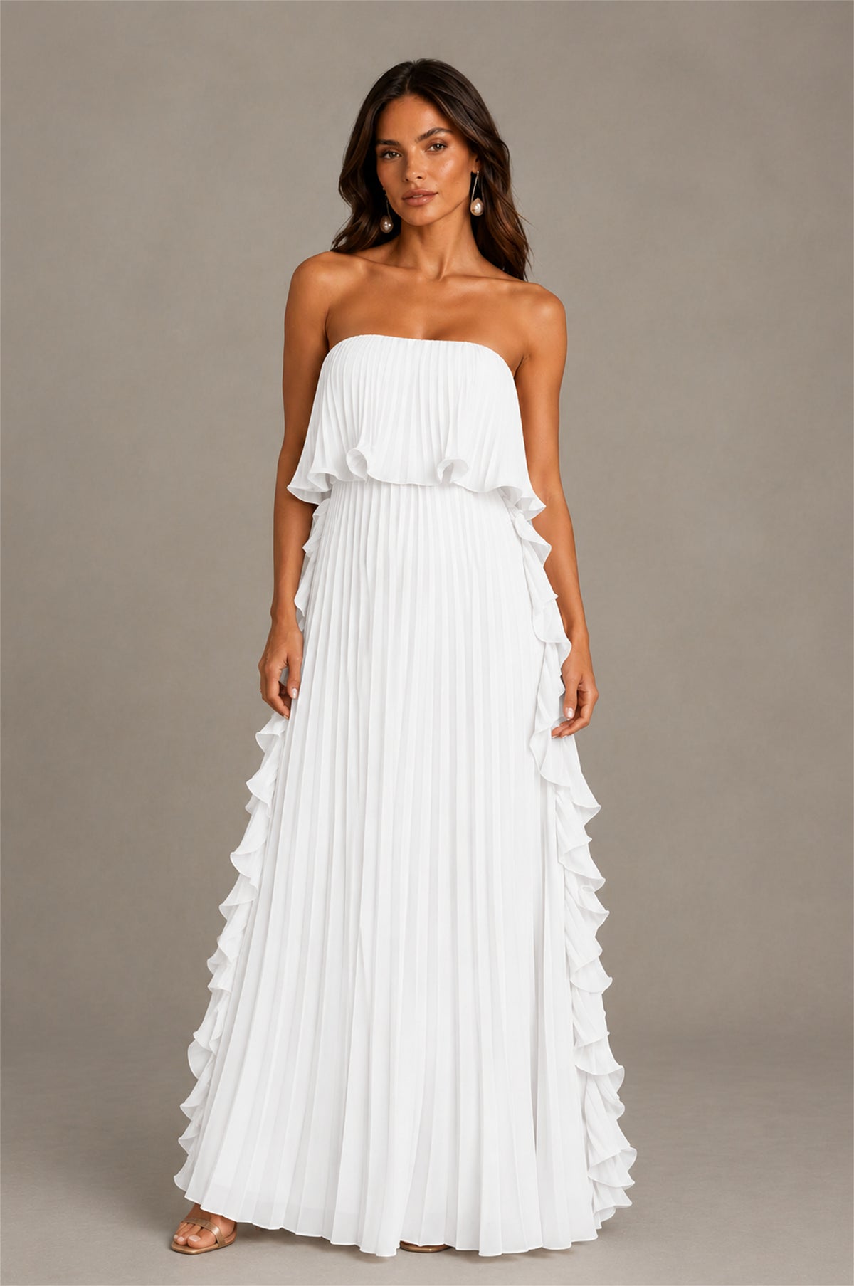 BOLODOO White Strapless Ruffle Bodice Dual Cascading Ruffle Accordion Pleated Chiffon Maxi Dress - White