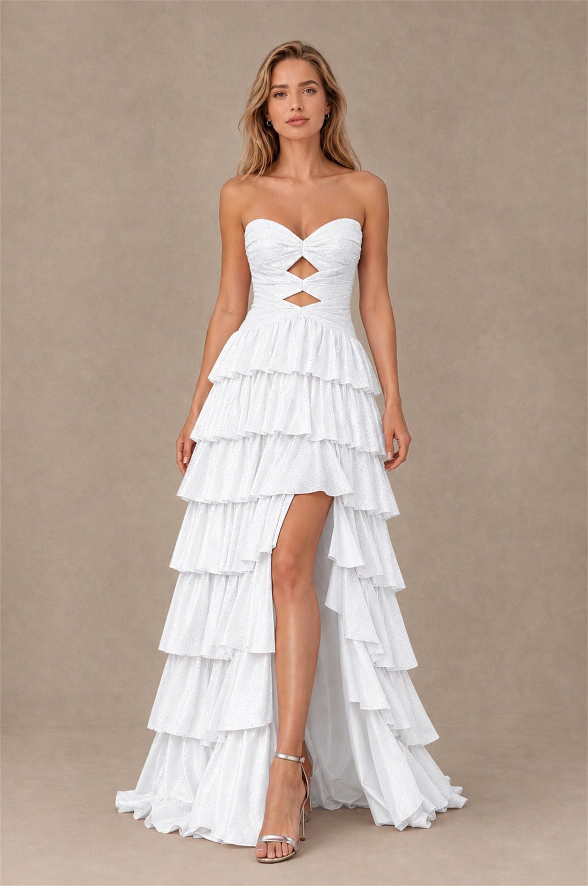 BOLODOO White Strapless Cutout Tiered Ruffle Prom Dress with High Slit - White - White (1)