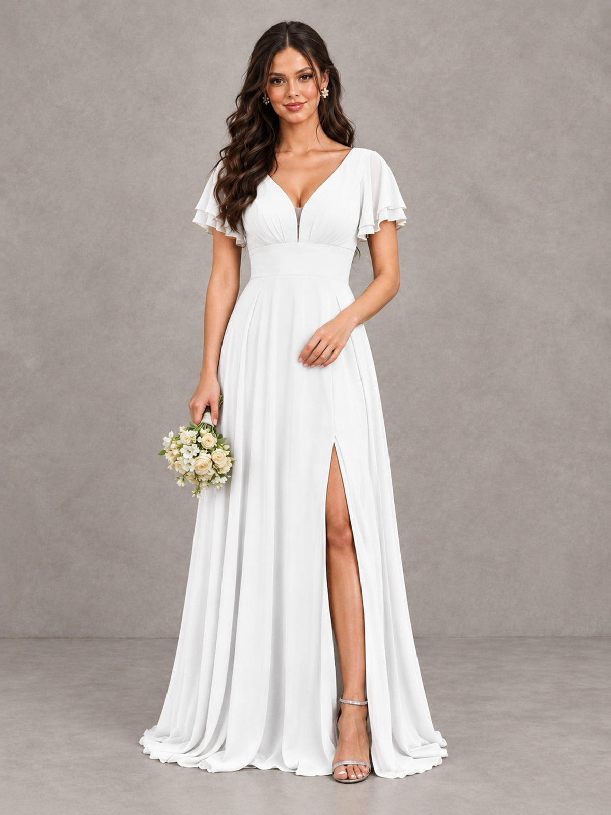 BOLODOO White Flutter Sleeve Chiffon A-Line Maxi Bridesmaid Dress with Open Back & Slit - White - White (1)