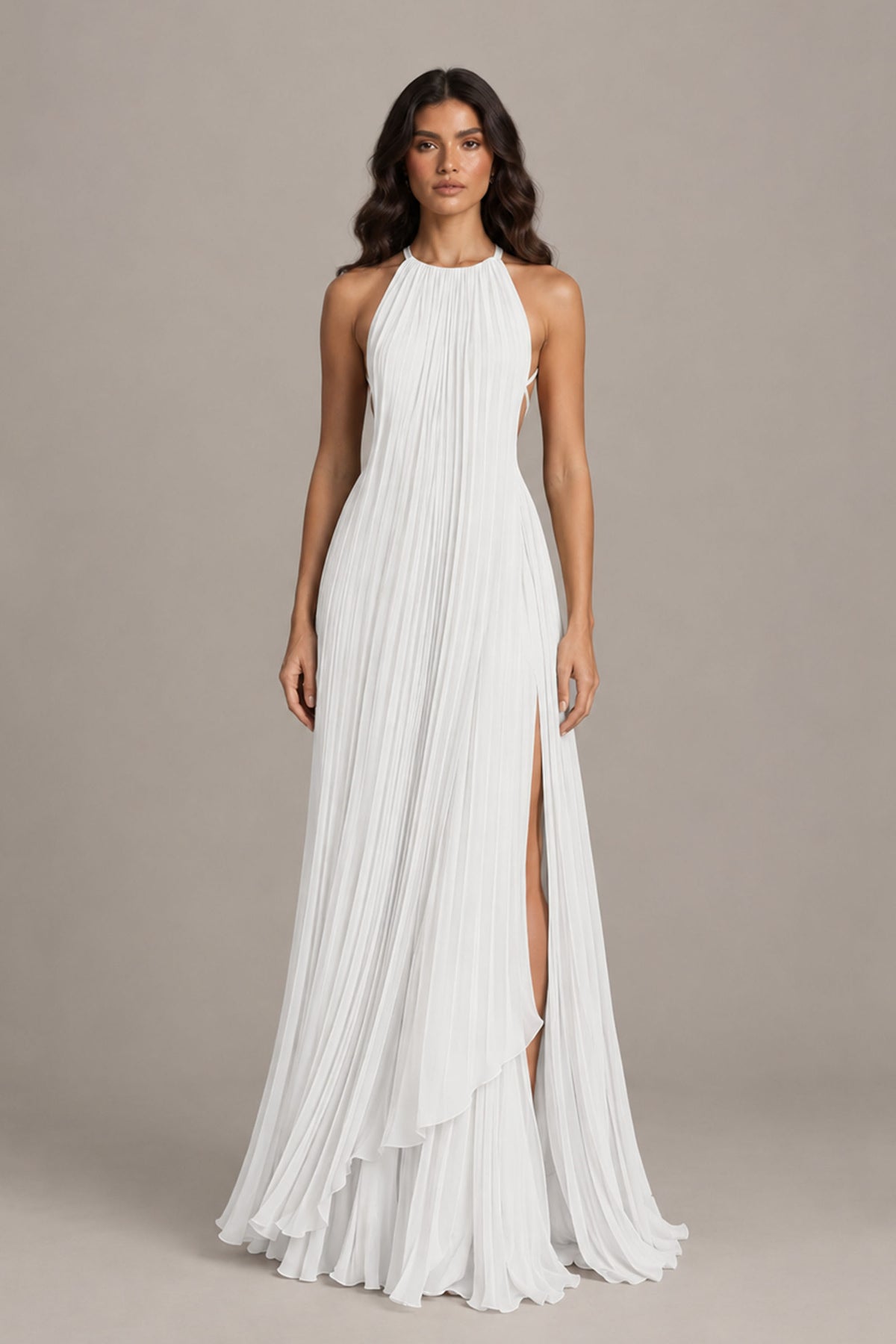 BOLODOO White Halter Neck Pleated Chiffon Maxi Dress with Side Slit - White