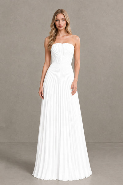 BOLODOO White Strapless Sunburst Pleated Twisted Knot Lace-Up Back Accordion Pleated Chiffon Maxi Dress - White