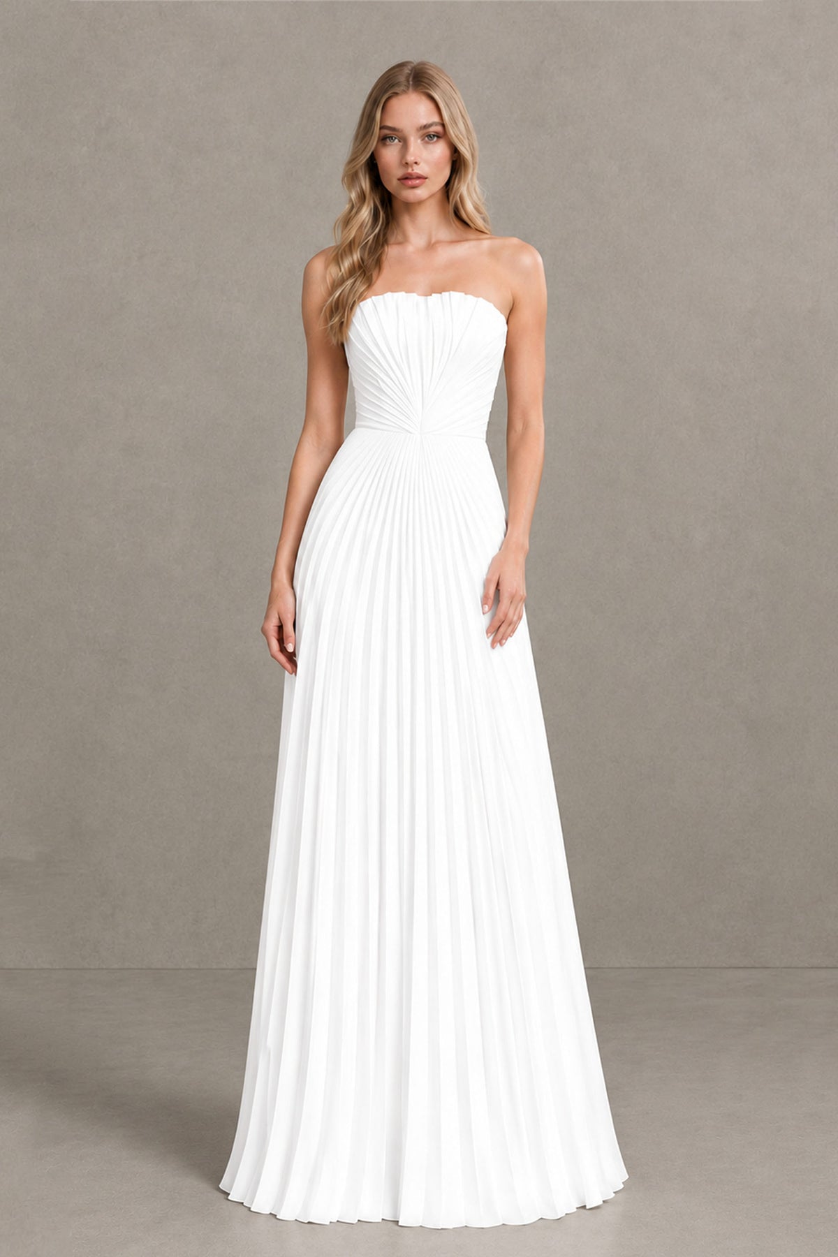BOLODOO White Strapless Sunburst Pleated Twisted Knot Lace-Up Back Accordion Pleated Chiffon Maxi Dress - White