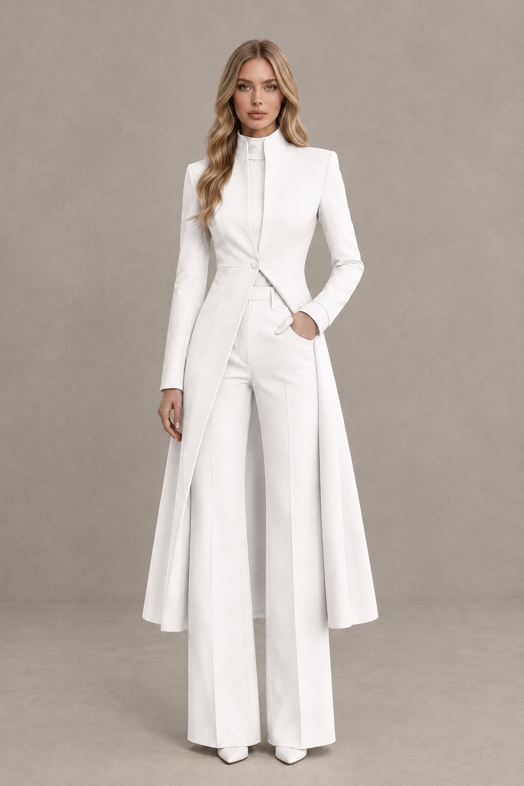 BOLODOO White Longline Jacket Wide-Leg Formal Pantsuit - White