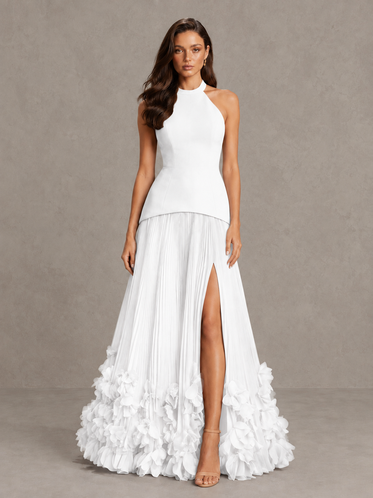 BOLODOO White Halter Neck Floor-Length Evening Gown with High Slit & 3D Floral Hem - White - White (1)