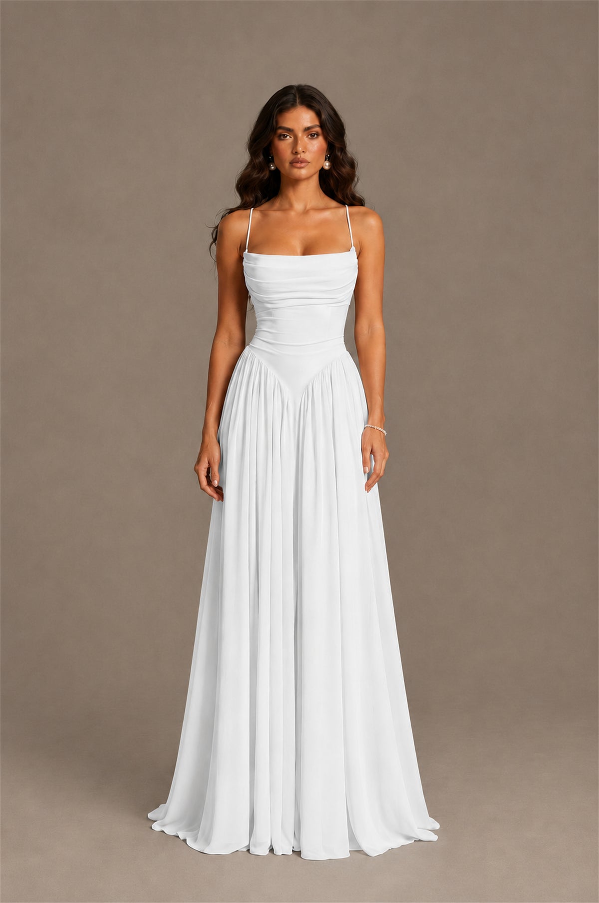 BOLODOO White Spaghetti Strap Square Neck Ruched Chiffon Maxi Dress with Lace-Up Back - White