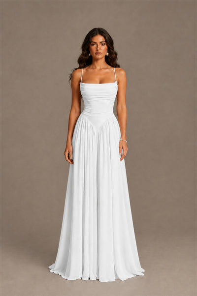 BOLODOO White Spaghetti Strap Square Neck Ruched Chiffon Maxi Dress with Lace-Up Back - White
