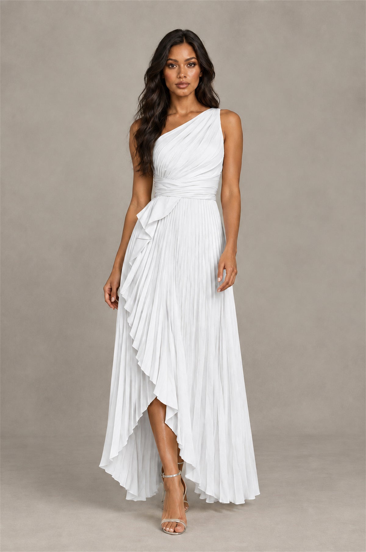 BOLODOO White One-Shoulder High-Low Ruffle Maxi Dress - White