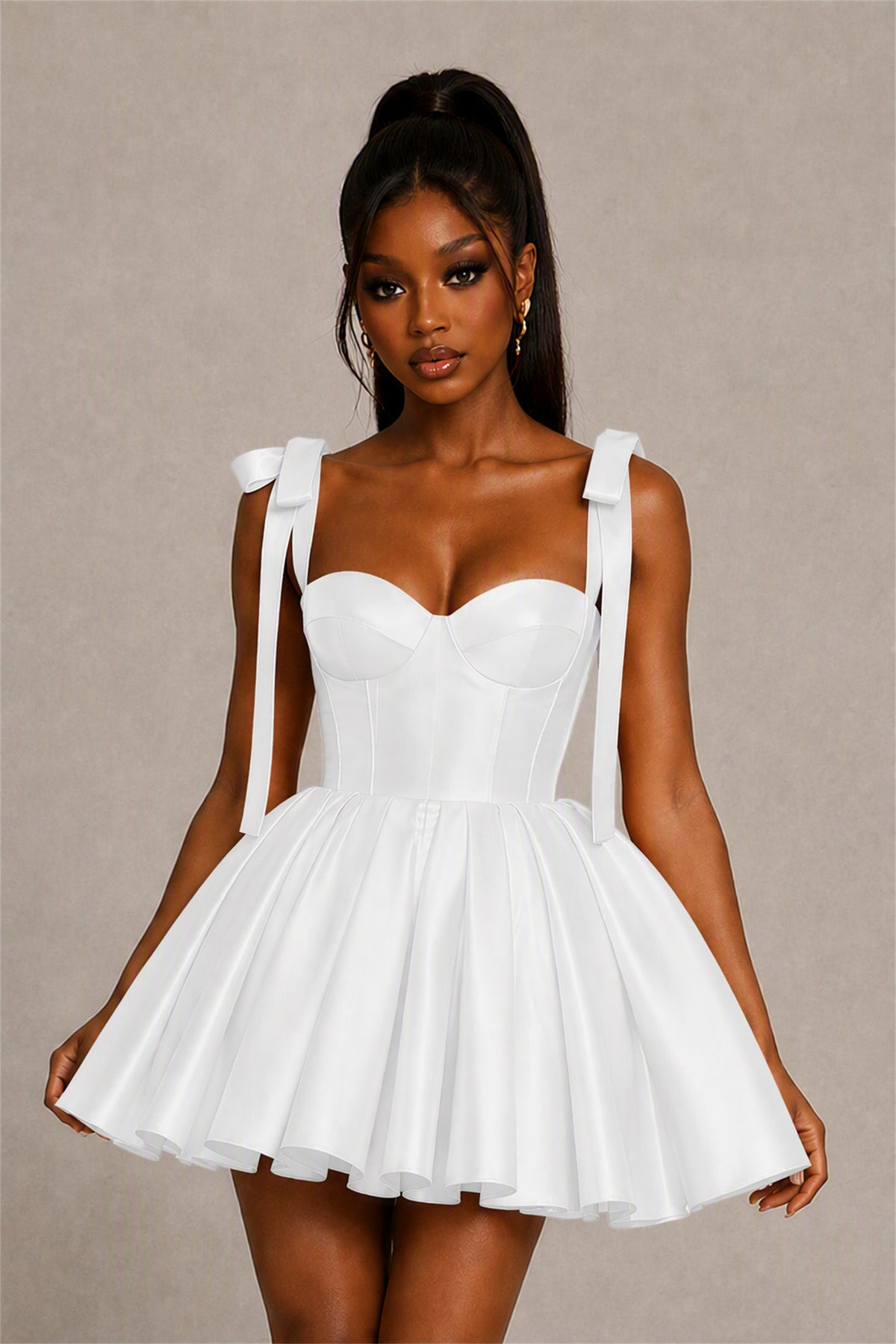 BOLODOO White Satin Sweetheart Corset Bow Strap Lace-Up Open Back Full Skirt Mini Dress | Prom Cocktail Party Dress - White