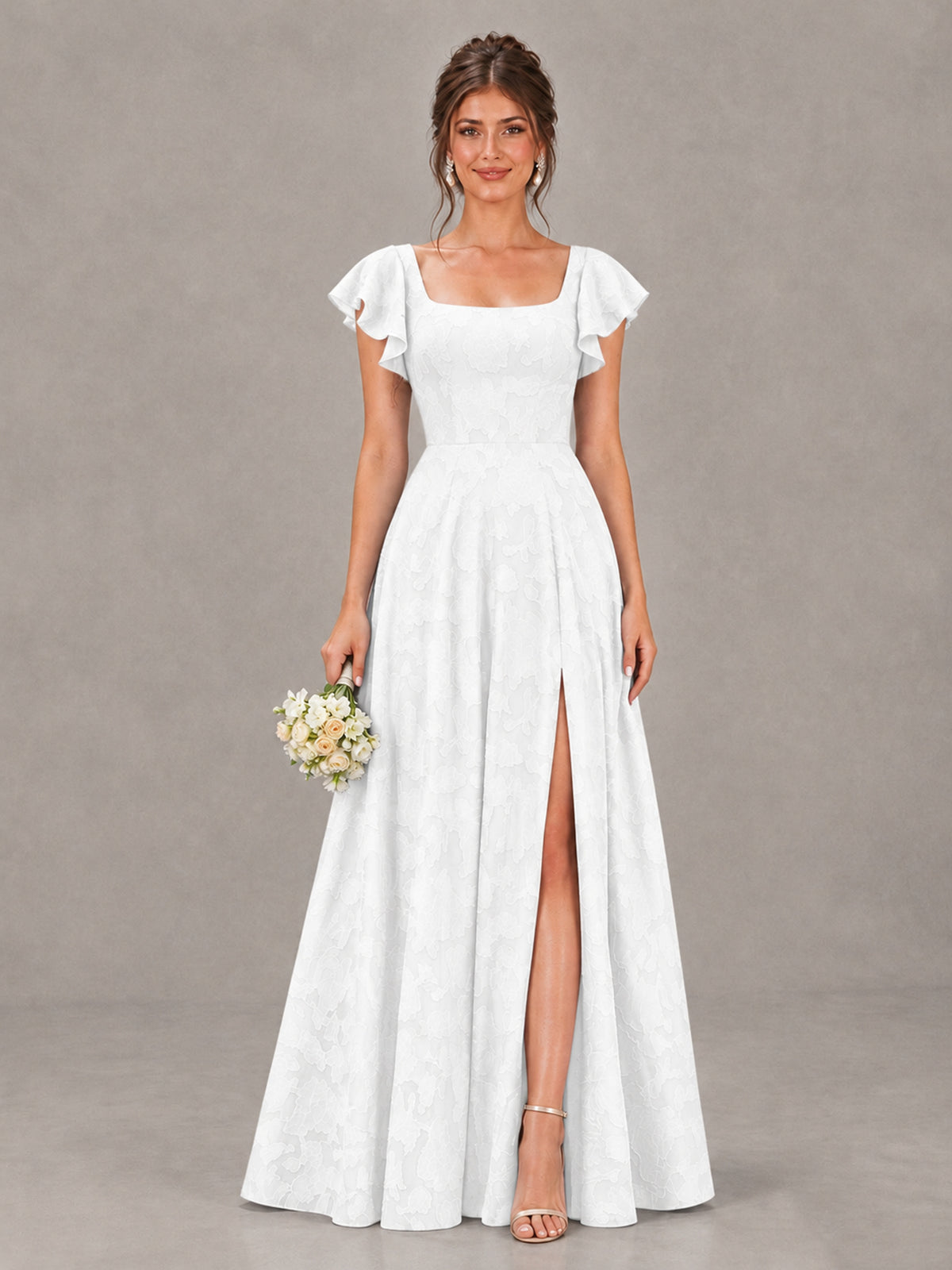 BOLODOO White Floral Flutter Sleeve Bridesmaid Dress with Slit - White - White (1)