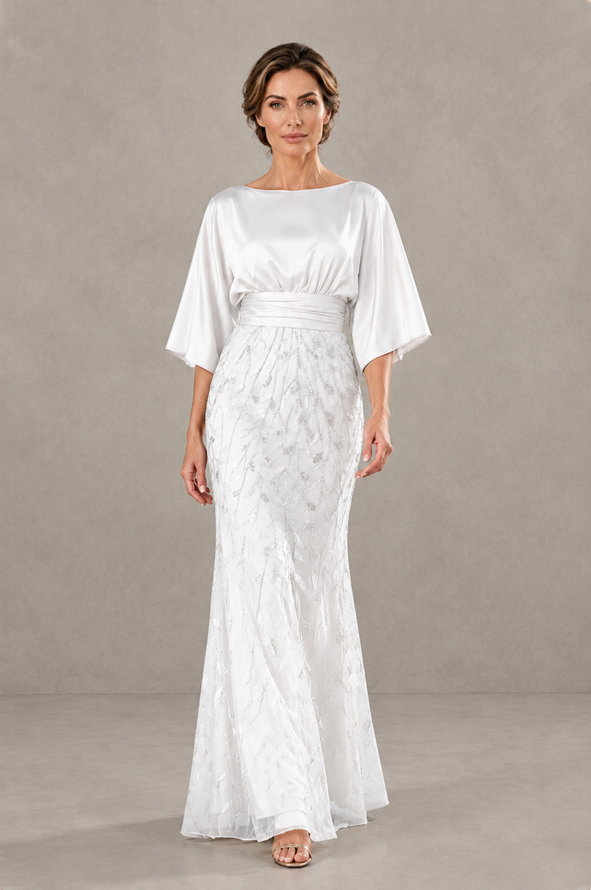 BOLODOO White Mother of the Bride Dress with Kimono Sleeves, Satin Bodice & Sequin Embroidered Mermaid Floor-Length Gown - White - White (1)