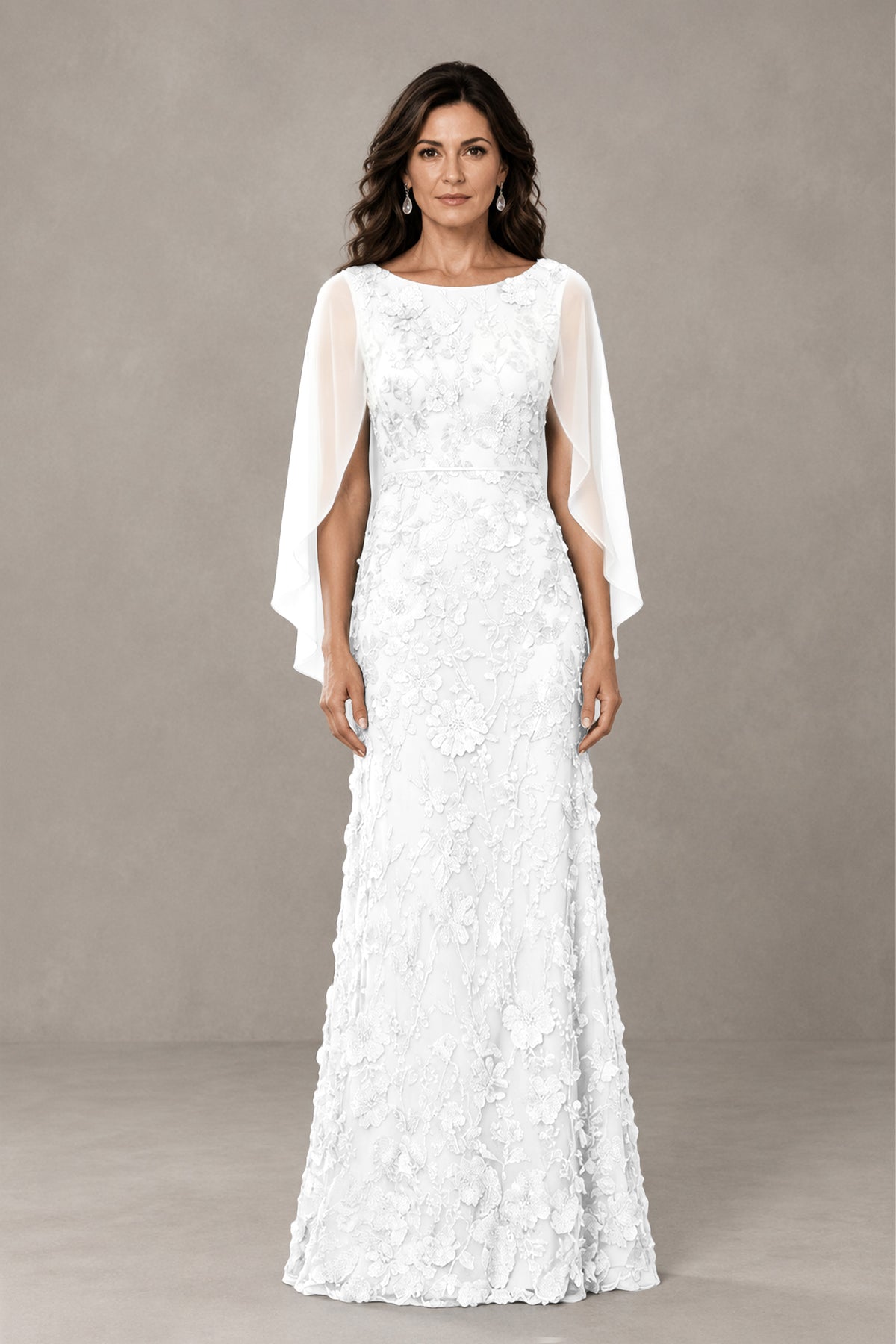 BOLODOO White Lace Mother of the Bride Dress with Cape Sleeves - White