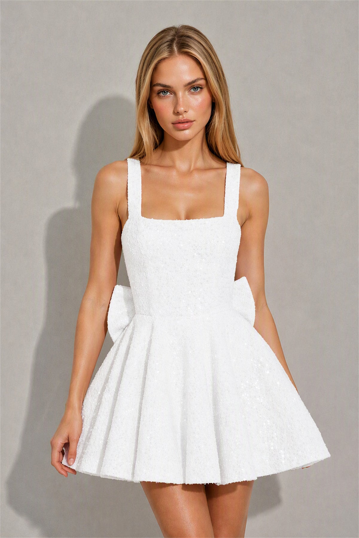 BOLODOO White Sequin Square Neck Wide Strap Bow Waist Open Back Fit and Flare Mini Dress | Prom Birthday Party Dress - White