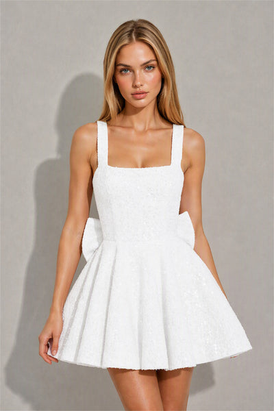 BOLODOO White Sequin Square Neck Wide Strap Bow Waist Open Back Fit and Flare Mini Dress | Prom Birthday Party Dress - White