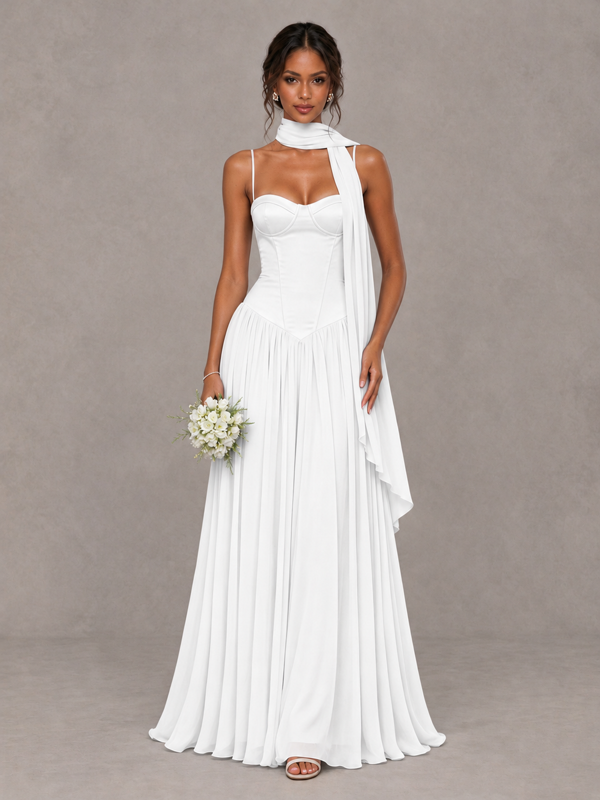 BOLODOO White Corset Bridesmaid Dress with Scarf - White - White (1)