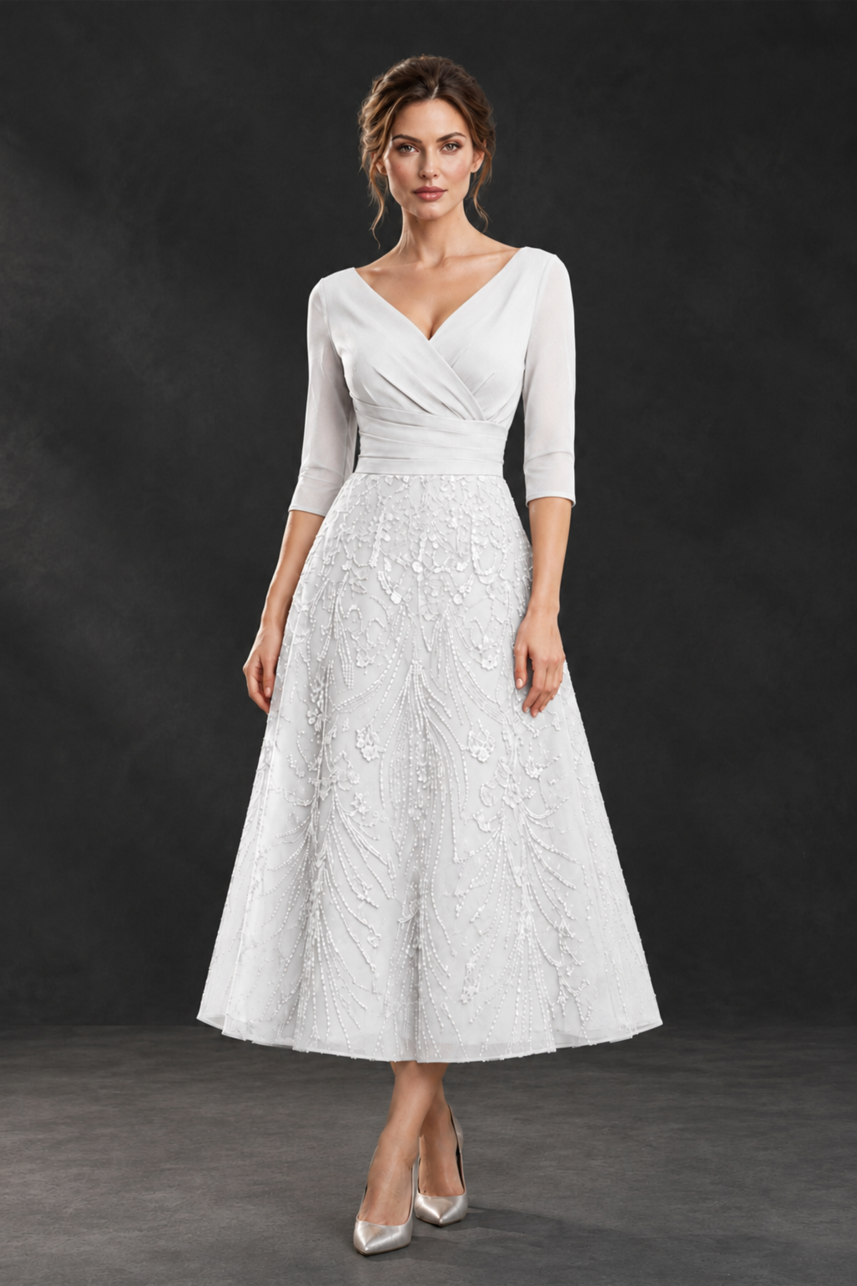 BOLODOO White V-Neck Tea-Length Lace Mother of the Bride Dress - White
