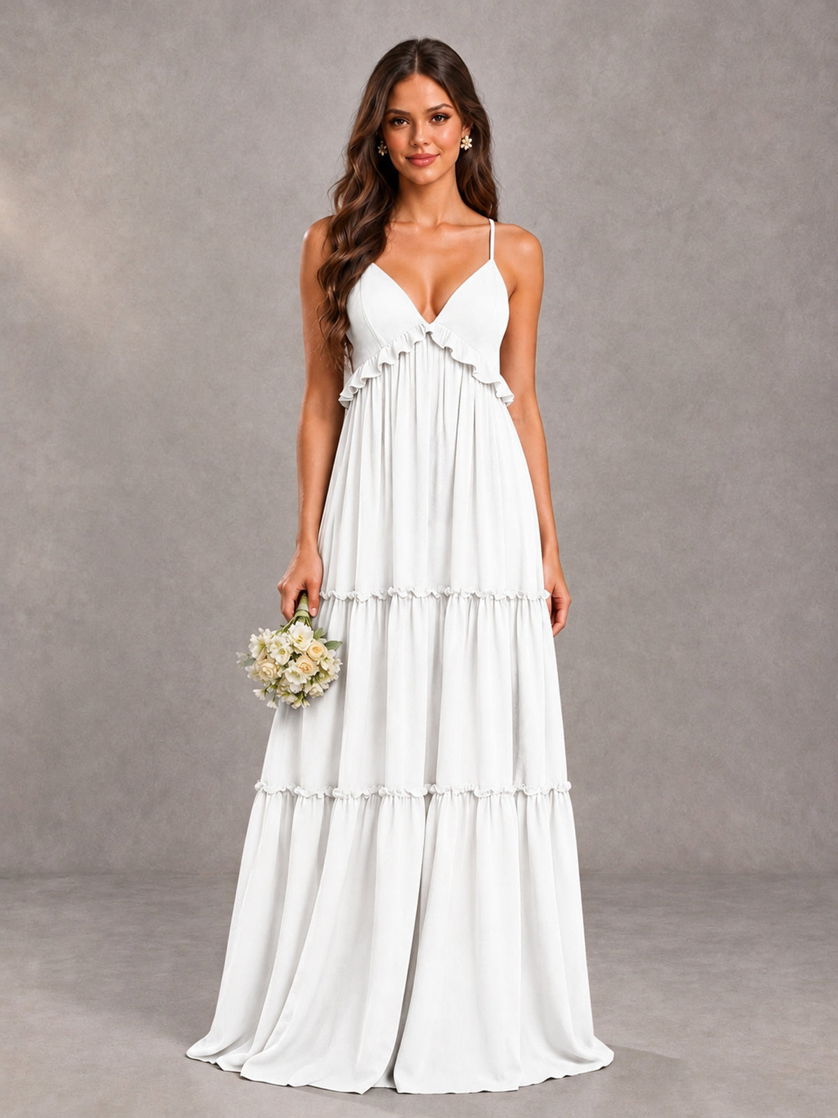 BOLODOO White Tiered V-Neck Lace-Up Back Bridesmaid Dress - White - White (1)