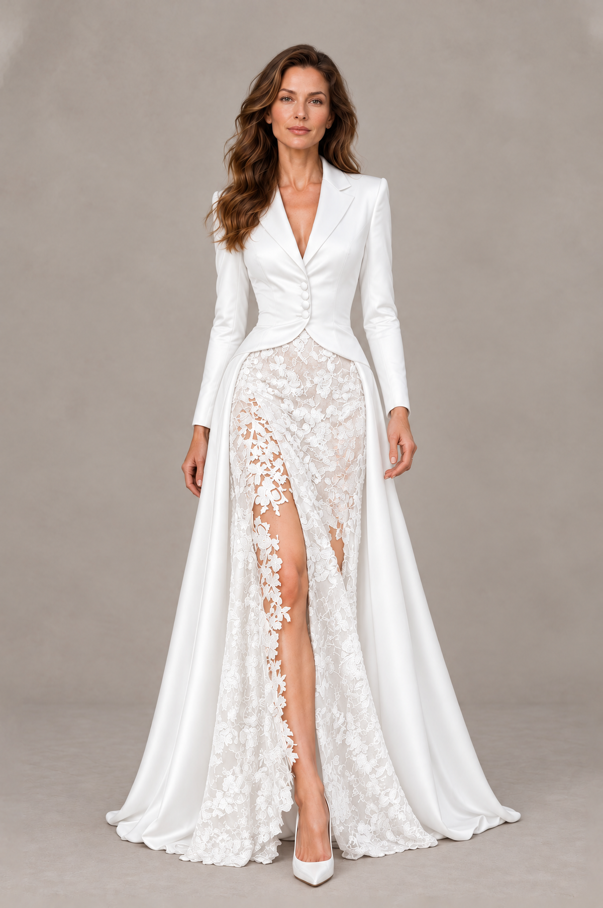BOLODOO White Long Sleeve Lace Blazer Gown with High Slit - White - White (1)