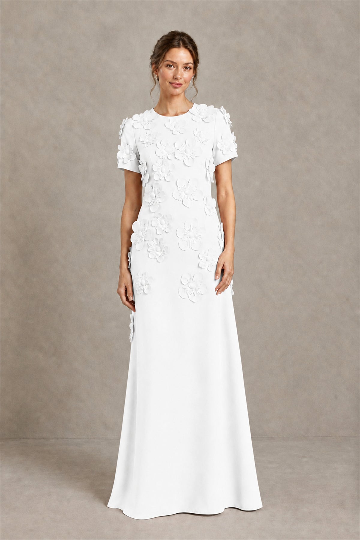 BOLODOO White Textured Floral Maxi Dress with Short Sleeves - White
