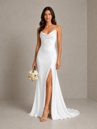 BOLODOO White Satin Cowl Neck Bridesmaid Dress with Open Back & Side Slit - White - White (1)