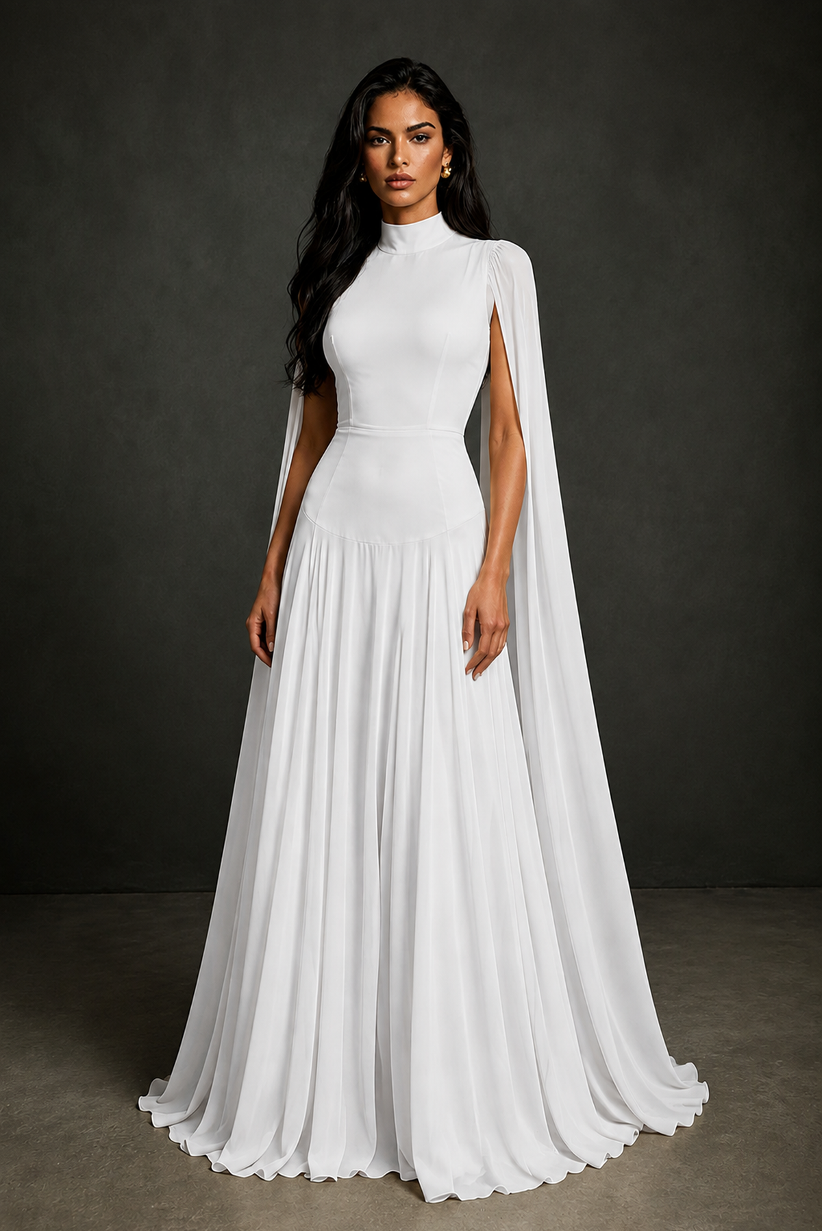 BOLODOO White Mock Neck Cape Sleeve A-Line Chiffon Maxi Dress - White