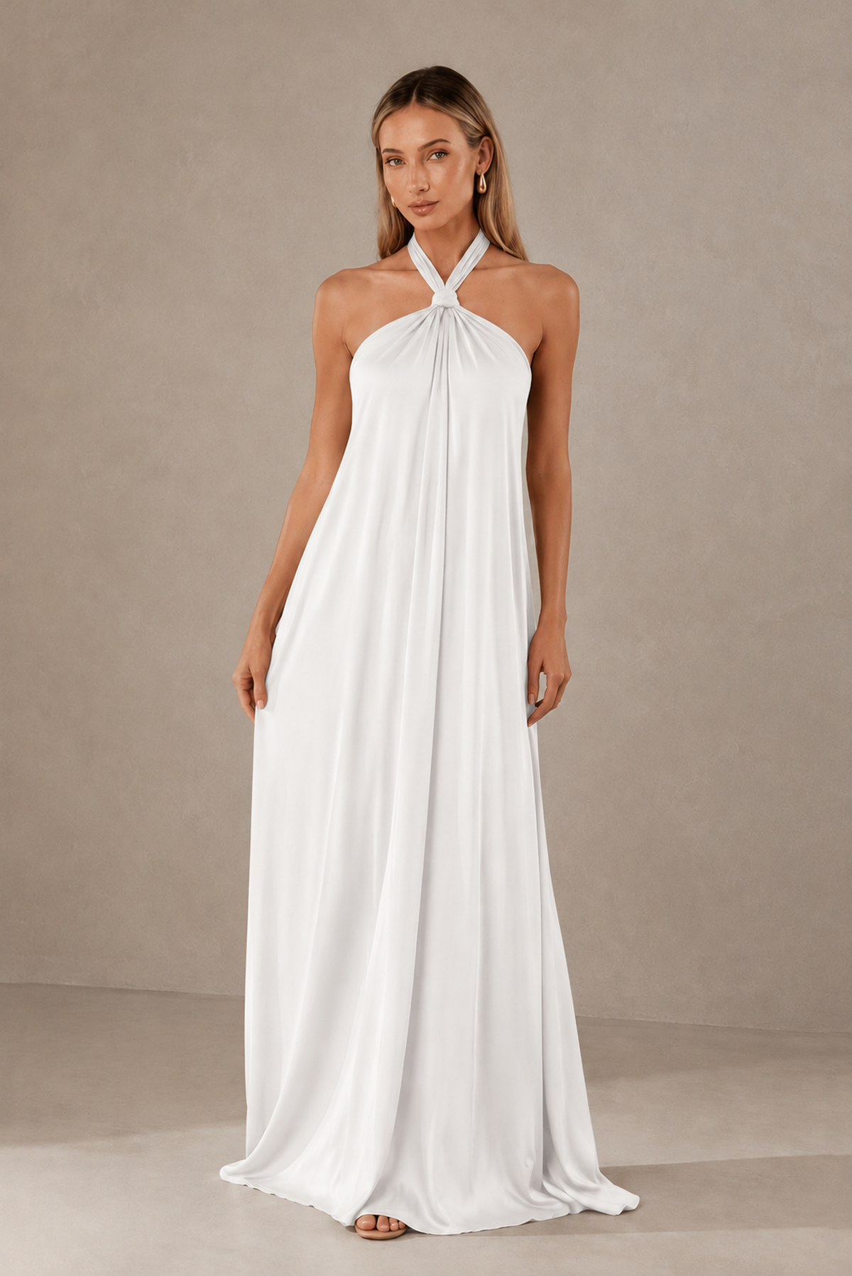 BOLODOO White Backless Halter Satin Bridesmaid Dress - White