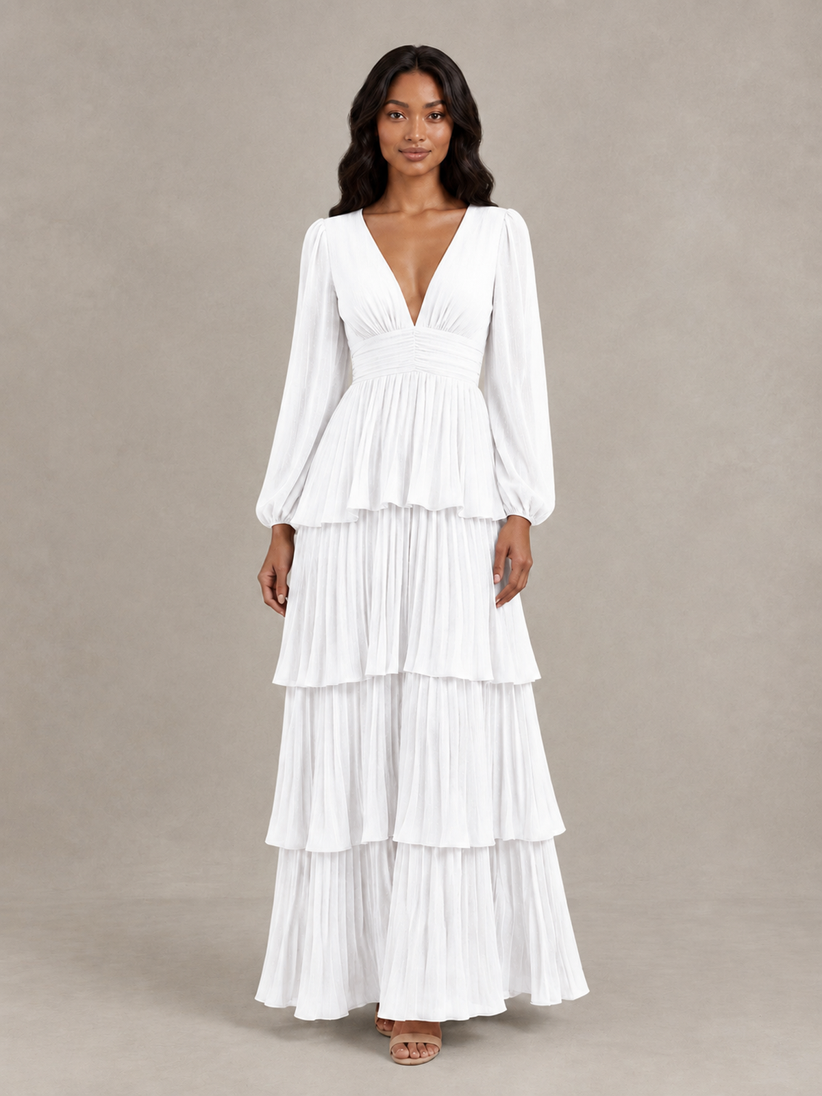 BOLODOO White Long-Sleeve Tiered Maxi Dress with Deep V-Neck - White
