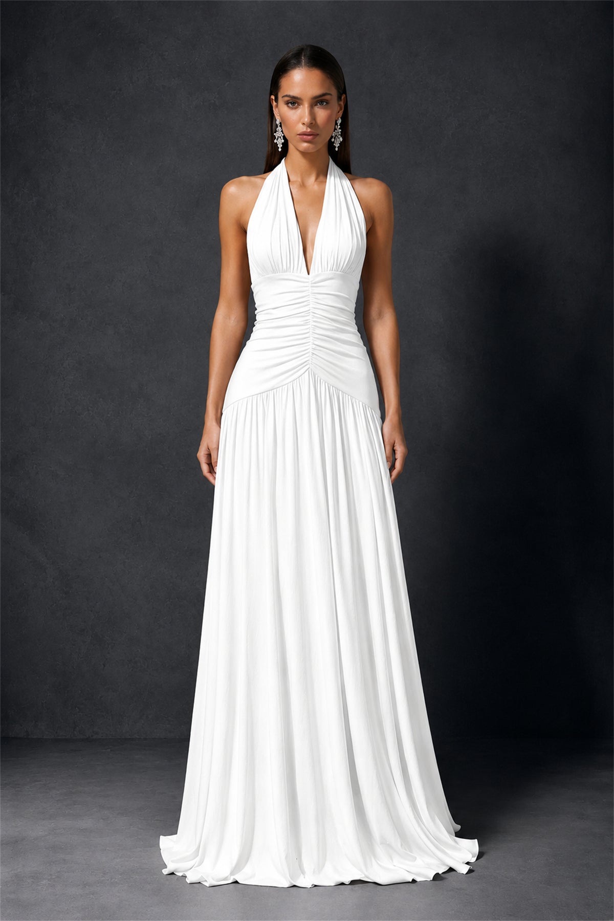 BOLODOO White Halter Deep V-Neck Ruched Chiffon Open Back Maxi Dress with Draped Neck Tie - White