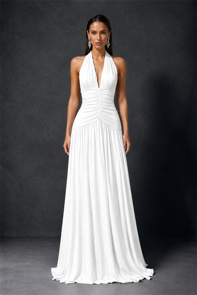 BOLODOO White Halter Deep V-Neck Ruched Chiffon Open Back Maxi Dress with Draped Neck Tie - White