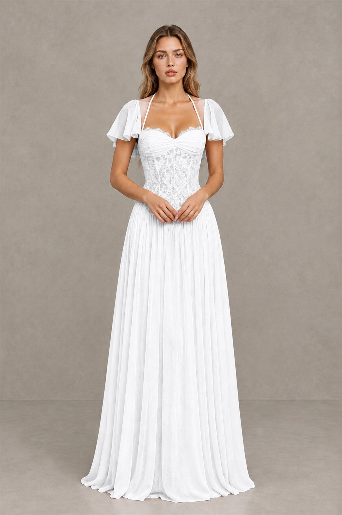 BOLODOO White Flutter Sleeve Lace Corset A-Line Maxi Dress - White - White (1)