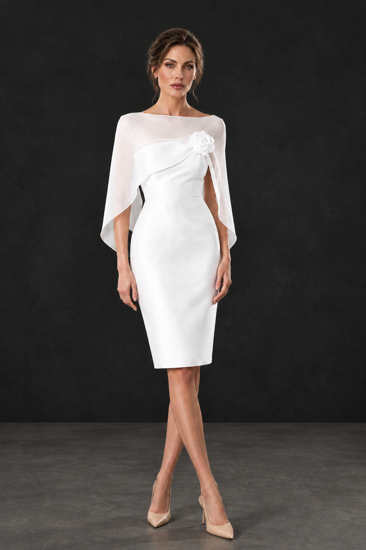 BOLODOO White Cape Knee-Length Mother of the Bride Dress - White - White (1)