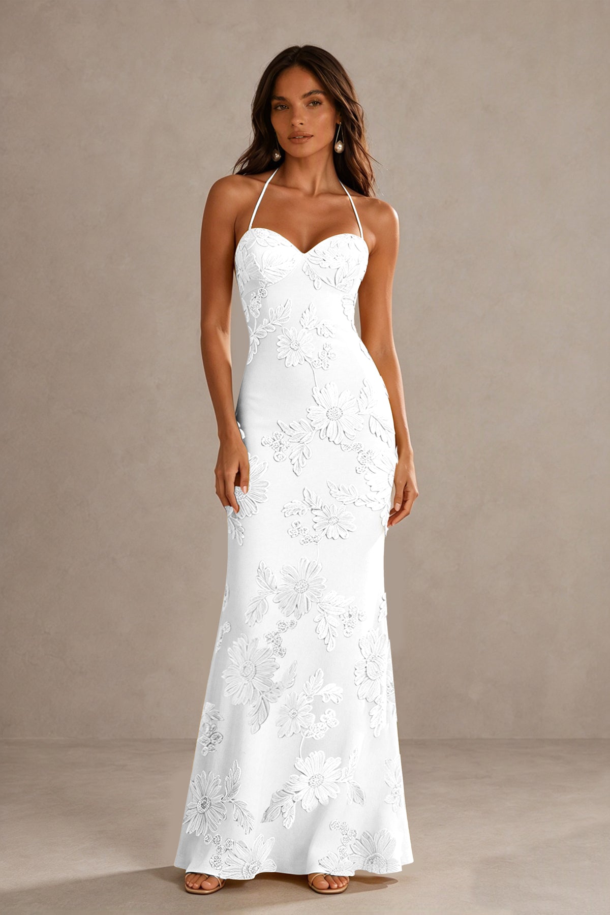 BOLODOO White Halter Sweetheart Floral Embroidered Lace-Up Open Back Maxi Dress | BD0257 - White