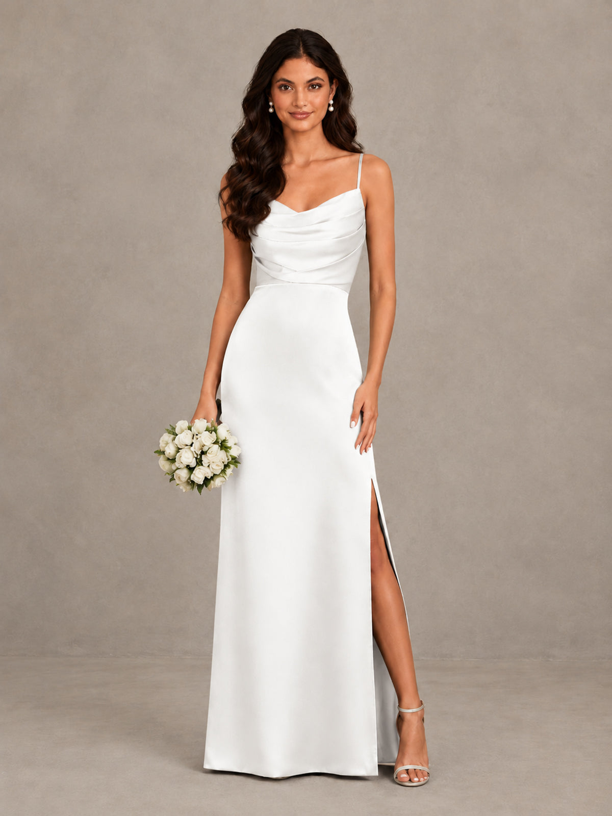 BOLODOO White Cowl Neck Satin Bridesmaid Dress with Slit - White - White (1)
