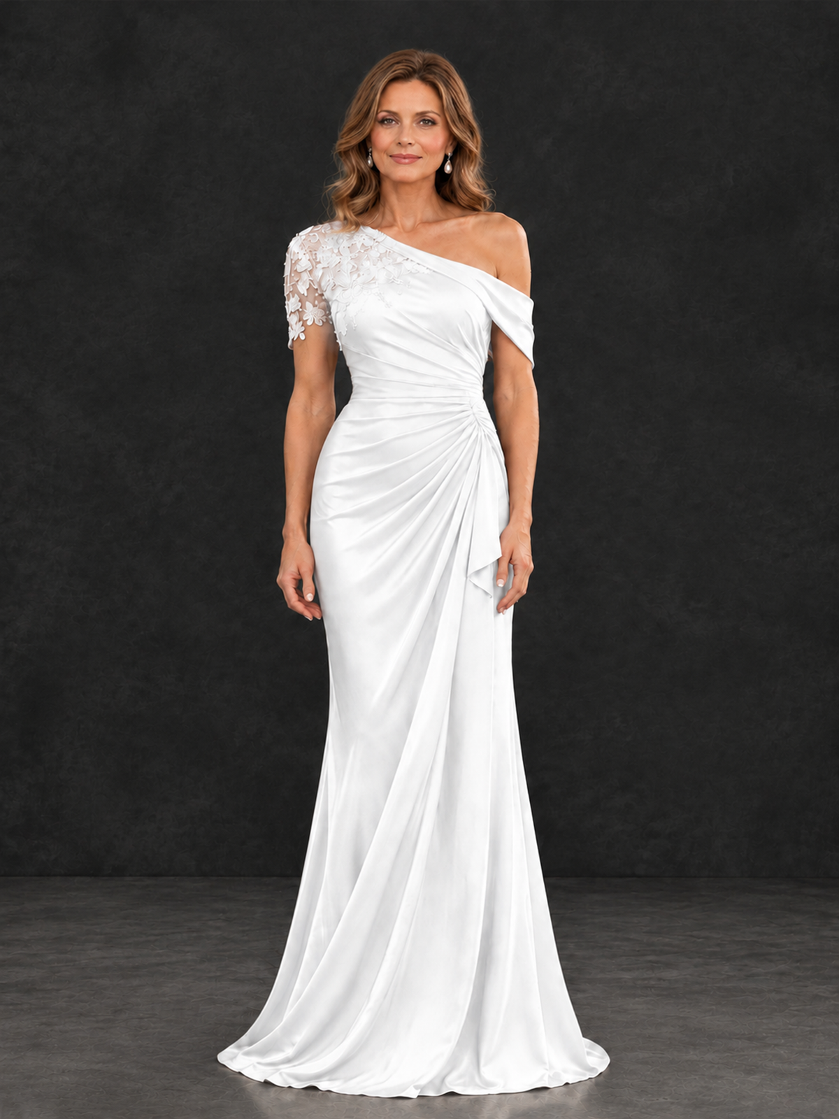 BOLODOO White Asymmetric Satin Mother of the Bride Dress with Lace Sleeve - White - White (1)
